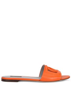 Orange leather logo-embossed mule sandals from DOLCE & GABBANA featuring embossed logo to the front, open toe, backless and flat sole. | Dolce & Gabbana Logo-Embossed Mule Sandals Red Slides Outfit, Outfit Ideaa, Red Slides, Dolce Gabbana Shoes, Wide Heels, Leather Slippers, Mule Sandals, Dolce E Gabbana, Crocodile Leather