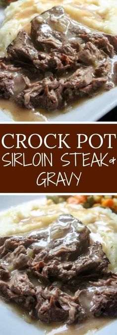 crock pot steak and gravy on a white plate