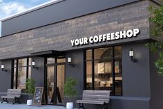 the front of a coffee shop with benches outside