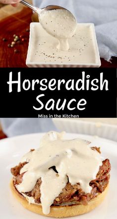 horseradish sauce is being drizzled on top of a hamburger bun