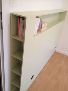 a white book shelf with books on it