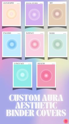 the cover art for an album called custom aura aesthetic binder covers, featuring six different colors