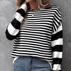 Women’s Black And White Contrasting Vertical /Horizontal Striped Sweater. Sexy Off Shoulder Style, Long Drop Shouldered Style Sleeves. Medium Stretch With Comfortable Boat Neck Neckline. Casually Chic Pullover! Black And White Long Sleeve Tops For Fall, Trendy Black Sweater For Day Out, Casual Black And White Winter Tops, Trendy Black And White Winter Tops, Chic Black And White Tops For Fall, Boho Caftan, Off Shoulder Style, Chunky Knit Cowl, Paris Black And White