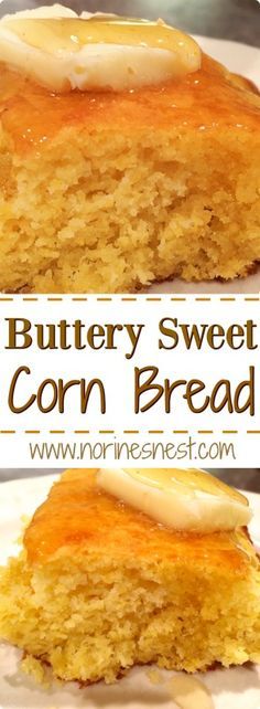 two pictures of corn bread with butter on top