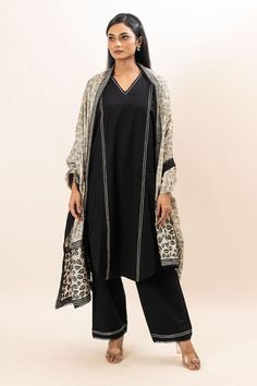 Black long kurta with lace inserts and kantha stitch details. Paired with a pant and hand embroidered kantha dupatta. - Aza Fashions Black Chikankari Embroidered Palazzo Set For Navratri, Black Silk Sets With Chikankari Embroidery, Black Bohemian Dupatta With Chikankari Embroidery, Black Cotton Silk Set With Dupatta, Black Kaftan With Dupatta, Black Silk Dupatta With Printed Motifs, Black Silk Sets With Printed Motifs, Silk Black Sets With Printed Motifs, Festive Black Kaftan With Chikankari Embroidery