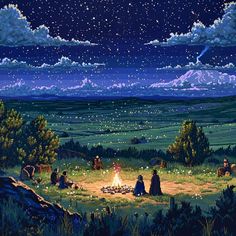 a painting of people sitting around a campfire in the middle of a field at night