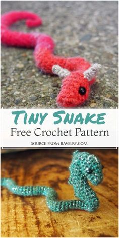 two different pictures with the words tiny snake and an image of a crochet snake