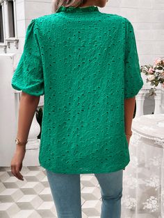 Unleash your inner fashionista with the Ventura Eyelet Short Sleeve Blouse. This stylish top features delicate eyelet detailing and a flattering short sleeve design that will elevate any outfit. Embrace your unique style with this must-have blouse! Size Guide: Model is 5’6” tall, and has a 33.2” bust, 26.4” waist, & 35.2” hips. She is wearing a S / US 4 / AU 8. This blouse is true to size. Material: 100% Polyester. Feature: Crew neckline. Short puff sleeves. Breathable lightweight fabrication. Not lined. Relaxed fit. Care Instructions: Machine wash / Cold hand wash Summer Hollow Out Short Sleeve Tops, Hollow Out Short Sleeve Summer Tops, Green Non-stretch Short Sleeve Tops, Casual Hollow Out Summer Blouse, Green Non-stretch Short Sleeve Blouse, Spring Solid Color Half Sleeve Tops, Solid Color Half Sleeve Tops For Spring, Casual V-neck Eyelet Blouse, Summer V-neck Hollow Out Top