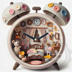 an alarm clock with crocheted decorations on the face and hands, including a teddy bear