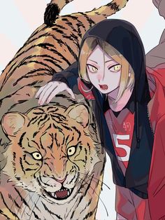 a girl is standing next to a tiger