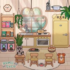 a cartoon kitchen with an oven, table, and chairs in it's center