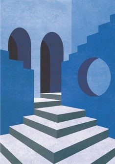 an abstract painting of steps leading up to a blue building with arches and doorways