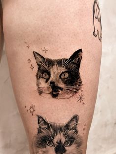 a close up of a person's legs with tattoos on them and cats in the background