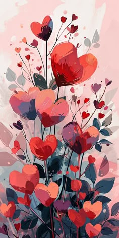 a painting of red flowers on a pink background