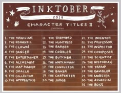 a brown sign with white writing on it that says inktober character titles ii