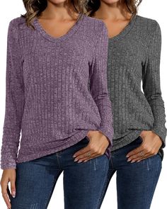 PRICES MAY VARY. Lightweight and Comfortable Fabric: our women lightweight sweater is made of 90% polyester and 10% spandex. This both light and cozy fabric can be the ideal choice for those who value feeling good. Being lightweight, it makes the ideal choice for layering or to be worn independently. Navigate through your day effortlessly with our long sleeve sweater that promises to keep you comfortable while setting a fashionable statement Versatile V Neck Design: stay stylish and classy with Comfortable Stretch Gray Tops, Comfortable Gray Stretch Top, Comfortable Fitted Tops For Fall, Cozy Fit Long Sleeve Ribbed Top, Comfortable Stretch Tops, Comfortable Fitted Long Sleeve Tops, Casual Comfortable Long Sleeve Tops, Comfortable V-neck Top For Layering, Comfortable V-neck Fall Tops