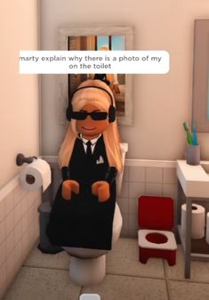 a cartoon character sitting on top of a toilet in a bathroom