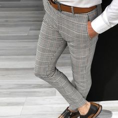 light gray black white flat front plaid pants Slim Fit Trousers Men, Suits Show, Check Suit, Formal Suit, Men Stylish Dress, Plaid Suit, Suit Dress, Business Casual Dresses, Business Formal