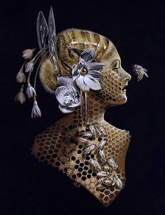 a painting of a woman with bees and flowers on her head