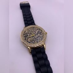 Claire’s Cheetah Print Watch. It Has Rhinestone Around The Clock And A Black Rubber Band. Never Worn Or Used! Black Party Watches, Trendy Black Party Watches, Black Rubber Band, Black Rubber Bands, Claire's Accessories, Watch It, Rubber Band, Rubber Bands, Black Rubber