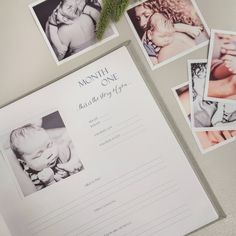 the birth announcement is displayed with photos and greenery