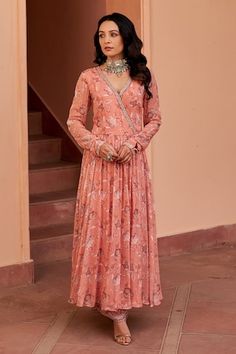 Peach anarkali with all over floral print and placed sequin embellishments. Comes with matching flared pant. - Aza Fashions Diwali V-neck Anarkali Set With Printed Motifs, Diwali Anarkali Set With Printed Motifs And V-neck, Navratri V-neck Anarkali Set With Printed Motifs, V-neck Anarkali Set With Printed Motifs, Floor-length Palazzo Set With Printed Motifs, Peach Anarkali, Pant Women, Women Kurta, Pant For Women