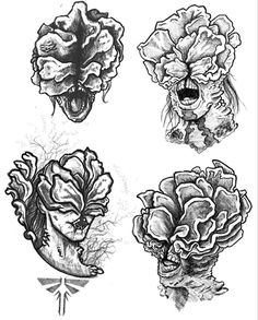 four different types of tattoos with flowers and leaves on the back of their heads, one is