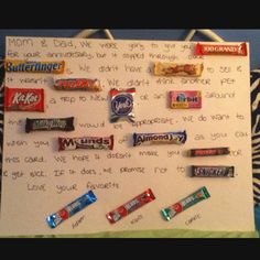 a white board with candy bars on it