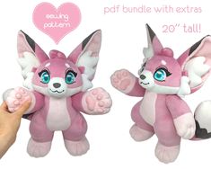 two pink stuffed animals with big blue eyes and paws, one is pointing at the other