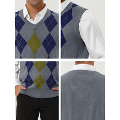 An essential choice for vintage style wearing. The simple argyle print design makes it easier to match your other clothes. The classic style and the nice soft fabric make this knitted sweater vest an on-trend essential. A good gift for families, friends, boyfriends, or husbands. Suitable for any occasion. Comfortable to wear with casual pants or suit pants. Casual Argyle Pattern Vest For Fall, Casual Cotton Sweater With Argyle Pattern, Argyle Pattern Sleeveless Vest For Winter, Fitted Argyle Sweater Vest For Winter, V-neck Top With Argyle Pattern For Fall, Sleeveless Argyle Sweater Vest For Winter, Fall V-neck Top With Argyle Pattern, Casual Sleeveless Argyle Sweater Vest, Casual Cotton Argyle Sweater