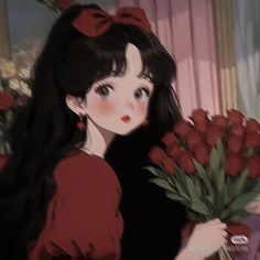 a girl with long black hair holding flowers