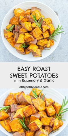 two plates filled with potatoes on top of each other and the words easy roast sweet potatoes