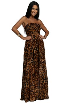 Bandeau Leopard Print Maxi Dress Brown Maxi Dress For Beach Season, Casual Brown Maxi Dress For Evening, Fitted Brown Dress For Beach Season, Summer Party Brown Maxi Dress, Brown Summer Party Maxi Dress, Brown Maxi Dress For Summer Party, Brown Summer Maxi Dress For Party, Leopard Style, Leopard Maxi Dress