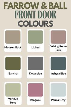 the farrow and ball front door colors are shown in different shades, from green to brown