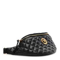 This is an authentic VERSACE Nappa Quilted Medusa Belt Bag in Black. This waist bag is crafted of black quilted lambskin leather. The bag features a leather belt strap and a front facing gold Medusa icon. The top opens to a black fabric interior with a patch pocket. Black Quilt, Waist Bag, Lambskin Leather, Black Fabric, Belt Bag, Leather Belt, Patch Pocket, Versace, Leather