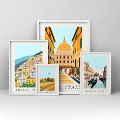 three framed art prints on a wall next to each other with buildings in the background