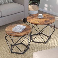 Nesting Table Set of 2 Rustic Brown and Black FredCo International Round Coffee Table Sets, Rustic Table Setting, 2 Coffee Tables, Black Steel Frame, Industrial Coffee Table, Black Coffee Tables, Large Coffee Tables, Nesting Coffee Tables, Small Coffee Table