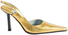 Gold Pointed Toe Leather Heels, Gold Leather Heels With Pointed Toe, Gold Leather Pointed Toe Heels, Gold Almond Toe Slingback Pumps For Formal Occasions, Gold Almond Toe Slingback Pumps For Formal Events, Gold Heels With Sculpted Heel For Galas, Formal Gold Open Heel Slingback Pumps, Formal Gold Slingback Pumps With Open Heel, Metallic Slingback Pumps For Formal Occasions