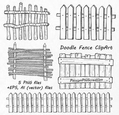 four different types of fence cliparts are shown in black and white, with the words doodle fence clipart