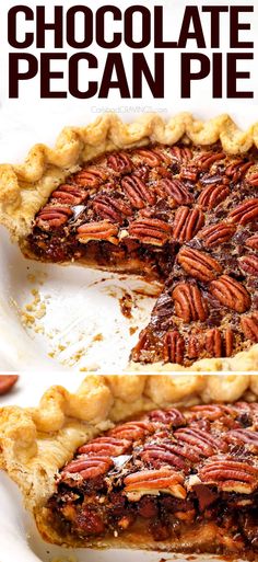 a chocolate pecan pie on a white plate