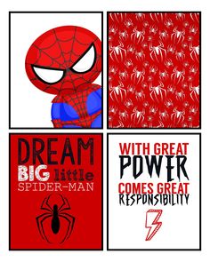 four different spiderman posters with the words dream big, power, comics great reprepit