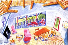 a drawing of a living room filled with furniture