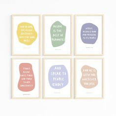 four framed art prints with different sayings in pastel colors, each featuring an animal's face