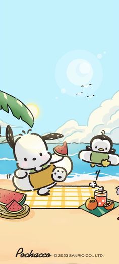 some cartoon characters are on the beach with umbrellas and watermelon in front of them