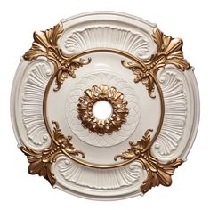 an ornate white and gold ceiling medallion