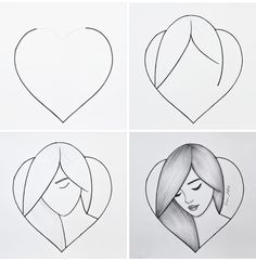 four different drawings of women's faces with their hair in the shape of hearts