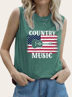 Women's American Flag with Country Music Top Summer Sleeveless Tank Shirt for Cowgirl Green Sleeveless Tank Top With Letter Print, Green Letter Print Sleeveless Tank Top, Green Sleeveless Letter Print Tank Top, Cotton Tank Top For Spring Music Festival, Green Graphic Print Sleeveless Tank Top, Casual Sleeveless Tank Top For Music Festival, Trendy Sleeveless Tank Top For Concert, Green Summer Tank Top With Letter Print, Green Letter Print Tank Top For Summer