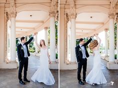 the bride and groom are dancing together in front of an ornate gaze at their wedding