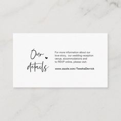 a business card with the words our detutes written in cursive ink