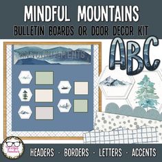 a bulletin board with the word abc written on it and pictures of mountains, trees, and snow